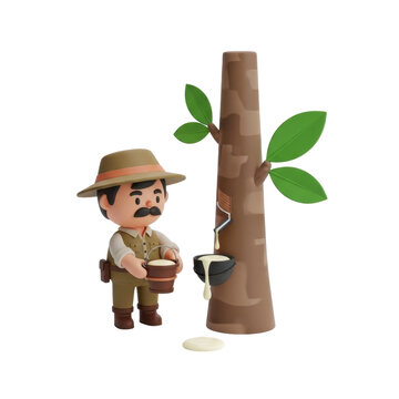 Cartoon rubber tapper collecting latex from tree