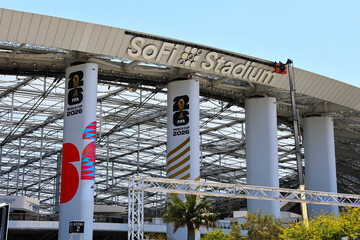 Naklejka premium Inglewood, Los Angeles County, California – June 7, 2026: Exterior view of SoFi Stadium with FIFA World Cup 2026 branding, modern sports and entertainment venue 