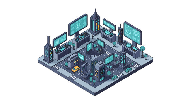 Cityscape with modern skyscrapers and screens.