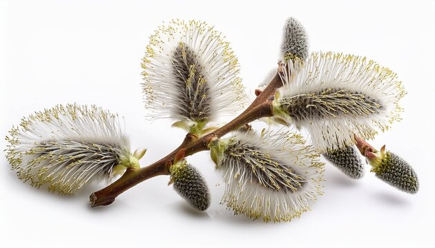 Willow Branch With Furry Willow Catkins Isolate On A White Background Clipping Path No Shadows Willow Twigs Goat Willow Salix Caprea Isolated On White Background