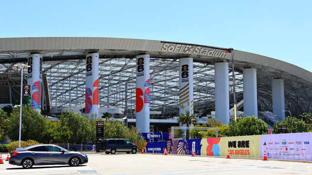 Inglewood, Los Angeles County, California &ndash; June 7, 2026: Exterior view of SoFi Stadium with FIFA World Cup 2026 branding, modern sports and entertainment venue 