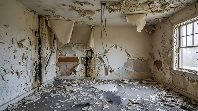 Abandoned stone room with crumbling walls and debris.