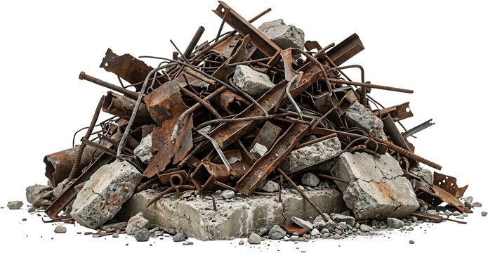 A large pile of rusted metal scraps and broken concrete chunks lies scattered across the ground junk scrap metal debris rubble construction waste rusty industrial discarded