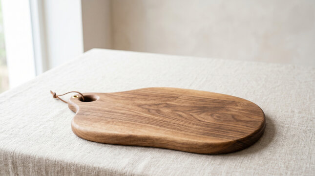 Organic shaped wooden serving board with leather handle on linen cloth