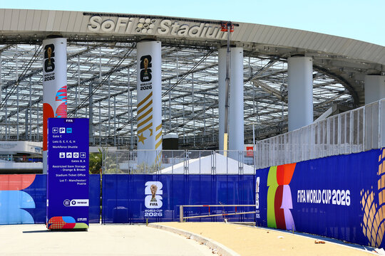 Inglewood, Los Angeles County, California &ndash; June 7, 2026: Exterior view of SoFi Stadium with FIFA World Cup 2026 branding, modern sports and entertainment venue