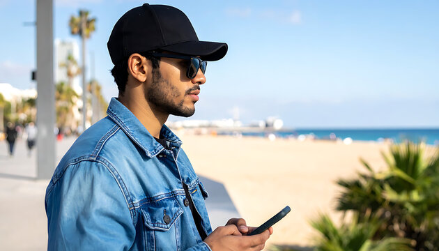 Man in denim jacket and baseball cap looking at phone on beach boardwalk, casual summer style