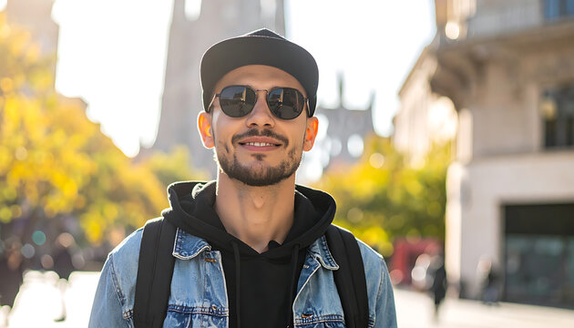 Man in denim jacket and sunglasses smiling outdoors with blurred city buildings and autumn trees in background