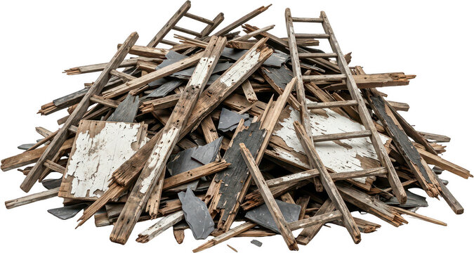 A large pile of weathered broken wooden ladders and discarded slate pieces from demolition or renovation projects debris construction waste lumber wood scraps old wood broken ladders