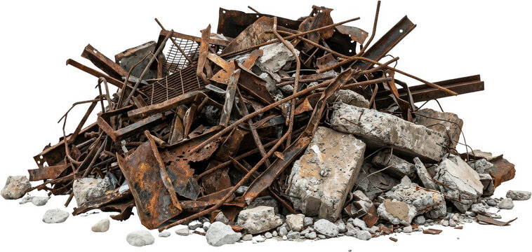 A large pile of rusty metal debris and concrete rubble is heaped together representing construction waste and industrial decay scrap metal junk demolition broken damaged iron