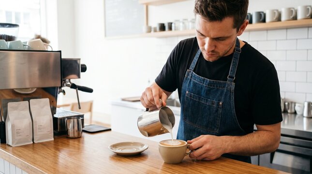 Barista pouring steamed milk into coffee cup creating latte art in a modern cafe with espresso machine and coffee beans in background