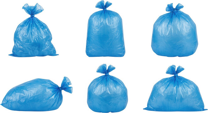 Six blue plastic garbage bags are shown from different angles each tied at the top with its own knot trash bag plastic bag collection waste rubbish disposal