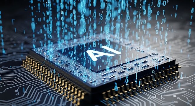AI microchip with binary code data stream on circuit board close up