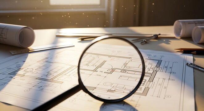 Architectural blueprints on a desk with a magnifying glass, construction plans, and design tools in a modern office