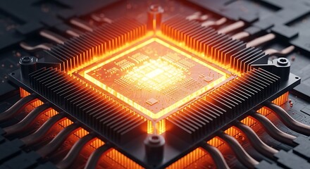 Fototapeta premium Close up of glowing orange microchip on circuit board with heat sink