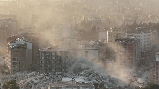 Sunset Aerial View of Earthquake Ruins in Hatay, February 8, 2023, Hatay, Turkey