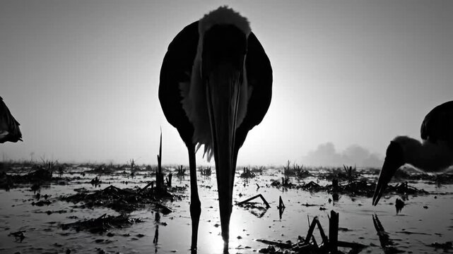 Black and white shot of silhouetted birds wading in water at dawn with a misty, atmospheric aesthetic