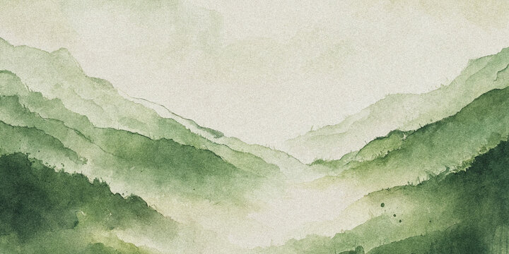 Watercolor mountain range with layered green tones and textured paper background
