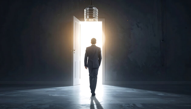 Man in suit walks through an open doorway towards bright light, symbolizing opportunity, new beginnings, and success in a dark room.