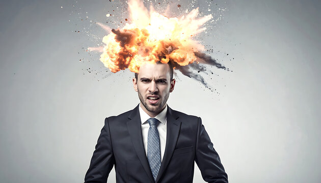 Man in suit with explosion above head, overwhelmed by stress, business burnout, mental breakdown, pressure concept