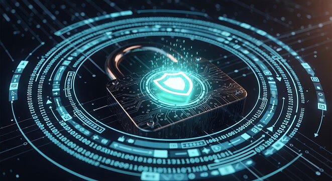 Glowing blue shield on a padlock surrounded by binary code and circuit board on a dark background with a futuristic