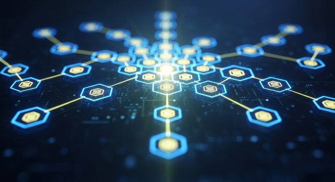 Digital network connection consisting of glowing hexagonal nodes and lines. Abstract data structure representing global communication systems, cloud computing, and advanced information technology.
