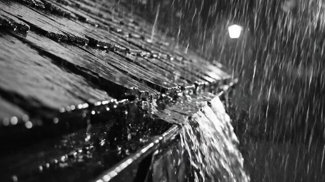 Rain falling off roof tiles in black and white with a nearby street lamp at night creates a cozy scene