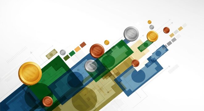 Abstract background with floating gold coin and paper money. Concept of financial growth, global investment, economic prosperity and wealth management for business trading analysis.