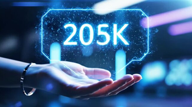 A futuristic interface with a hand interacting with a glowing blue graphic displaying a large numerical value