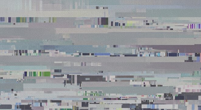 Digital glitch screen with pixelated artifacts and distorted signal noise. Abstract technological background representing internet connectivity issue. Data corruption and electronic failure.