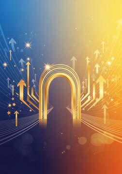 Golden arch with upward arrows on a glowing background. Abstract concept of career growth, business success and achievement. Digital design for goal attainment and corporate milestone.