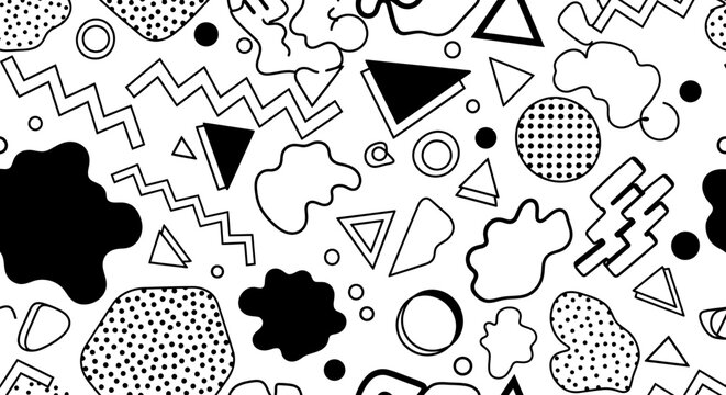 Abstract Memphis Style Pattern: Geometric Shapes & Doodle Elements