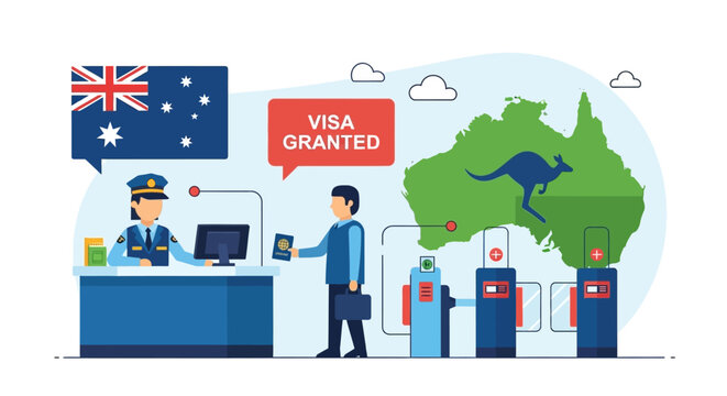 Australia Visa Granted - Border Control Immigration Check Flat Illustration