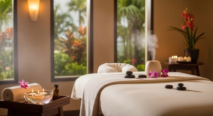Fototapeta premium Massage bed with aromatic essential oil diffuser and hot stone for spa treatment. Relaxation room interior with candle and tropical flower. Wellness therapy and stress relief concept.