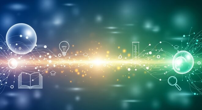 Abstract digital background with science and education icons. Network connection and glowing light beams representing knowledge transfer, academic research, and modern technology innovation.