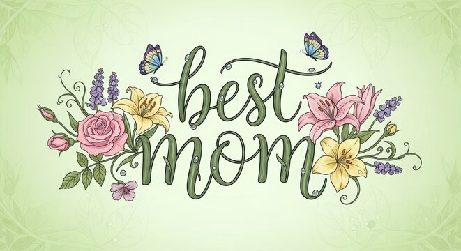 Best mom lettering with flowers and butterfly. Decorative floral greeting card for Mothers Day. Botanical illustration with rose, lily and spring plant for celebration of motherhood.