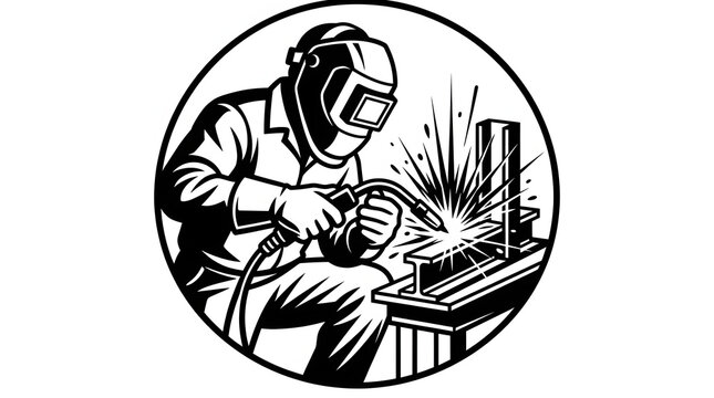 Skilled welder at work with torch, sparks flying, in a bold graphic illustration, isolated on transparent background for industrial branding. Generative AI illustration