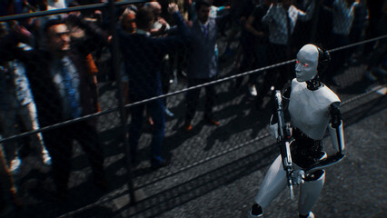 Obraz premium Robot carrying weapon, angry crowd protesting AI near a data center, anti-AI concept. 3d rendering.