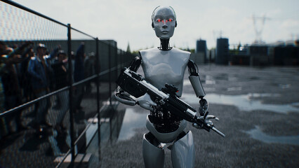 Obraz premium Robot carrying weapon, angry crowd protesting AI near a data center, anti-AI concept. 3d rendering.