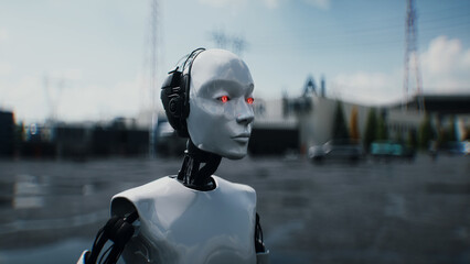 Obraz premium Robot carrying weapon, angry crowd protesting AI near a data center, anti-AI concept. 3d rendering.