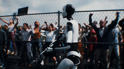 Obraz premium Robot carrying weapon, angry crowd protesting AI near a data center, anti-AI concept. 3d rendering.
