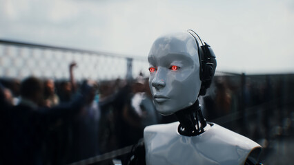 Obraz premium Robot carrying weapon, angry crowd protesting AI near a data center, anti-AI concept. 3d rendering.