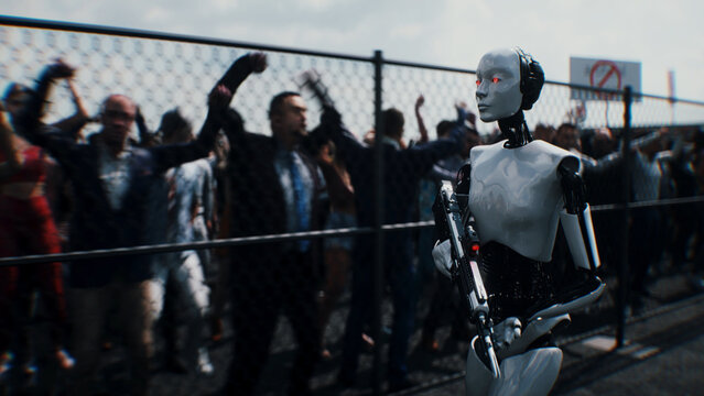 Robot carrying weapon, angry crowd protesting AI near a data center, anti-AI concept. 3d rendering.