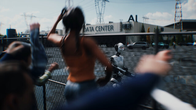 Robot carrying weapon, angry crowd protesting AI near a data center, anti-AI concept. 3d rendering.
