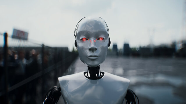 Robot carrying weapon, angry crowd protesting AI near a data center, anti-AI concept. 3d rendering.