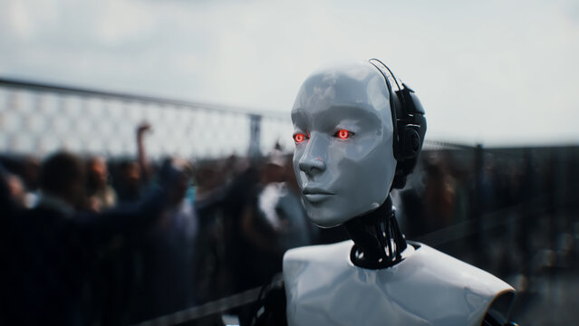 Robot carrying weapon, angry crowd protesting AI near a data center, anti-AI concept. 3d rendering.