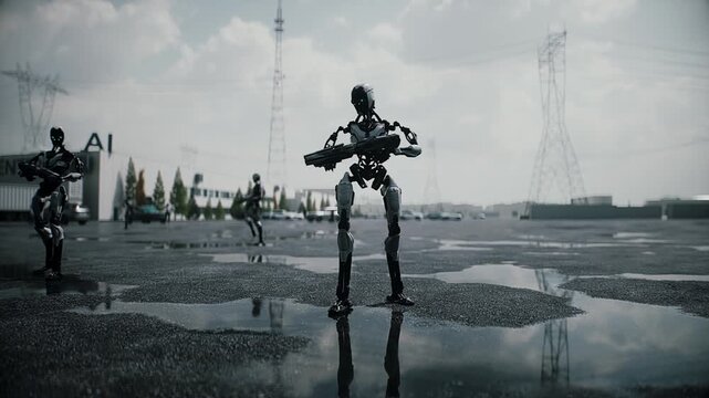 Robot carrying weapon, angry crowd protesting AI near a data center, anti-AI concept.