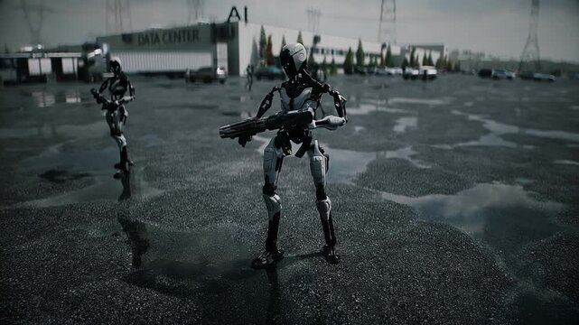 Robot carrying weapon, angry crowd protesting AI near a data center, anti-AI concept.