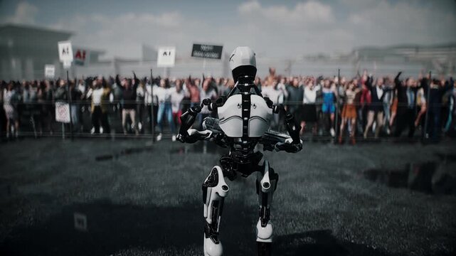 Robot carrying weapon, angry crowd protesting AI near a data center, anti-AI concept.