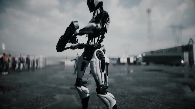 Robot carrying weapon, angry crowd protesting AI near a data center, anti-AI concept.