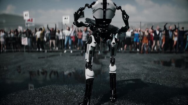 Robot carrying weapon, angry crowd protesting AI near a data center, anti-AI concept.
